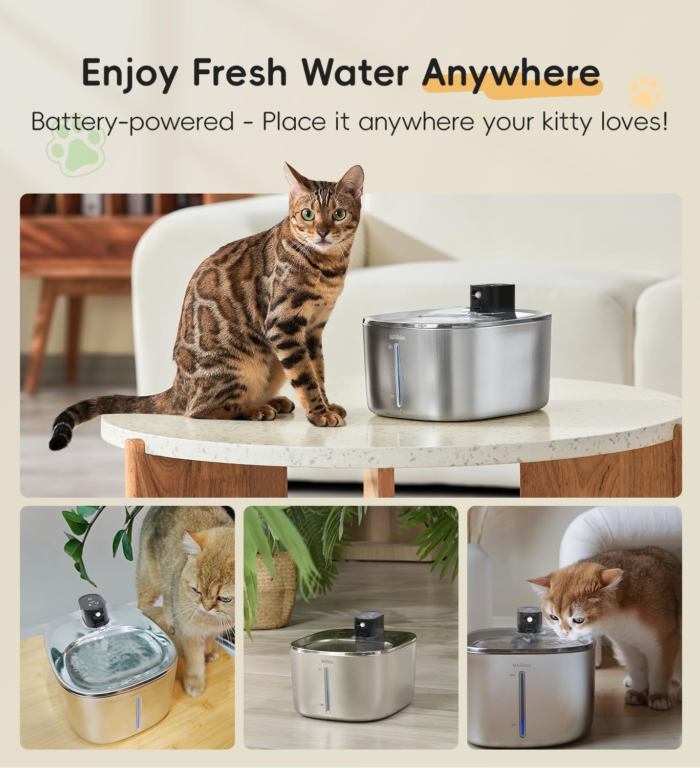 Cat Water Fountain Stainless Steel, 138fl.oz / 4.1L Cat Fountain, Pet Water Dispenser Cordless for Cats & Dogs Indoor