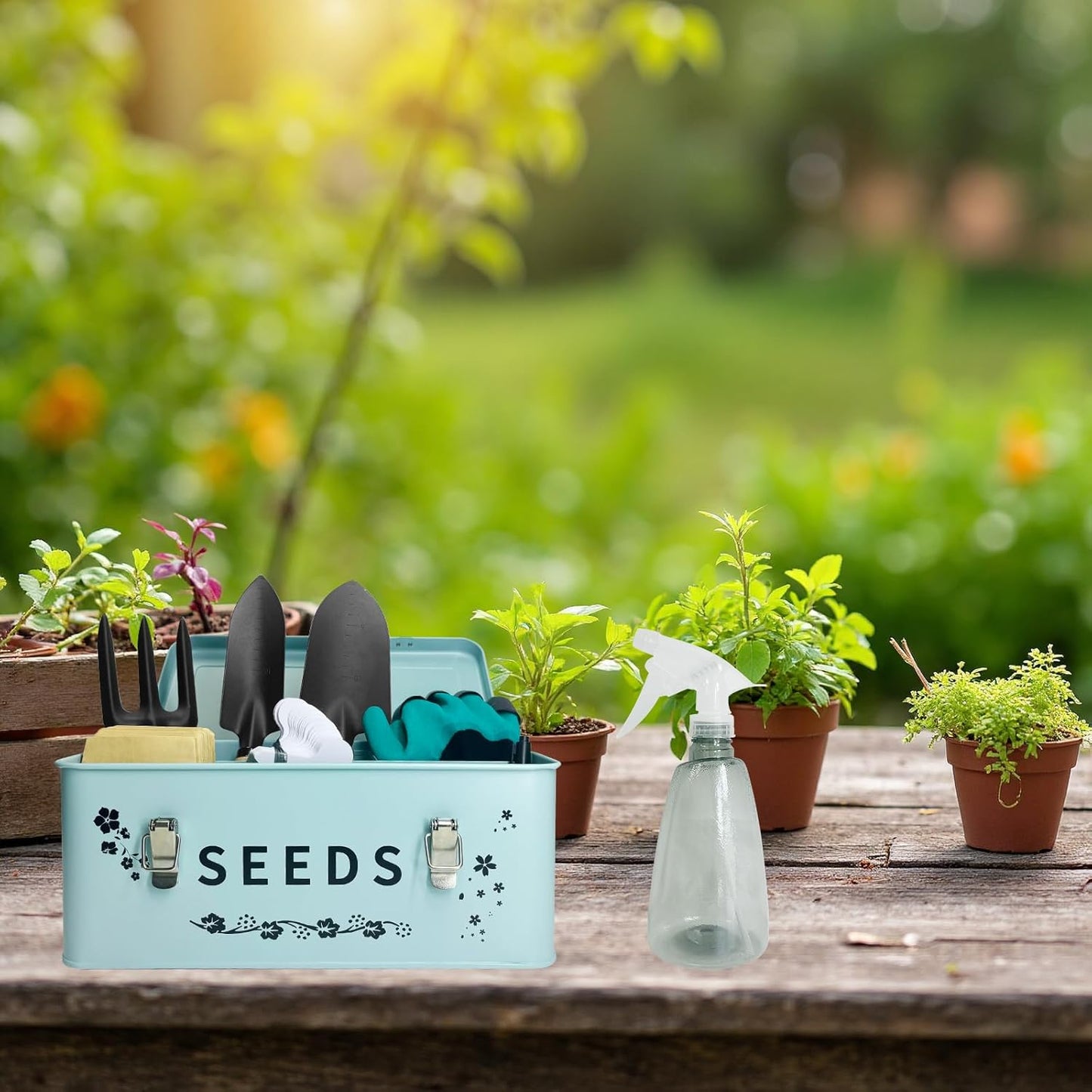 8 in 1 Seed Storage Garden Seed Organizer with Gardening SuGarden Tool Set Box with Safety Locks 4 Compartments Ideal Gardening Gifts for Women and Men
