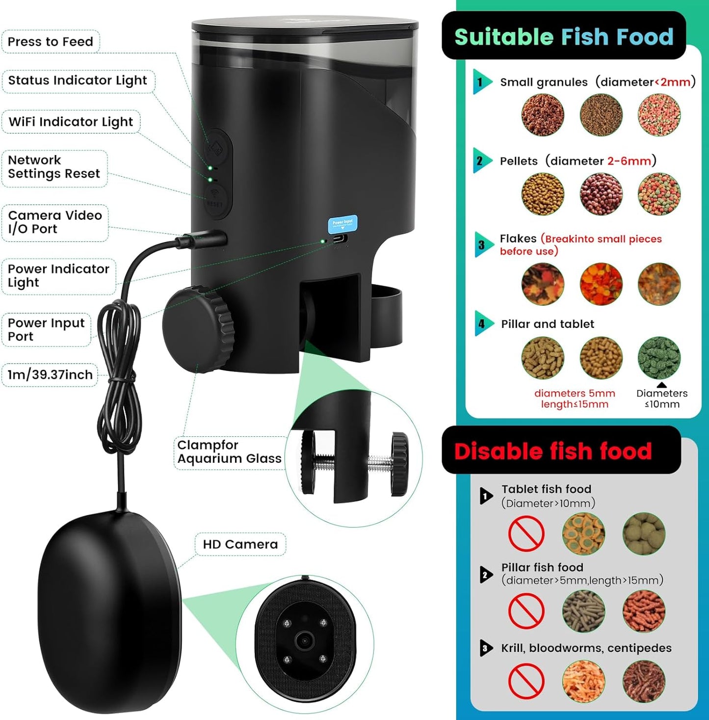 fishkeeper Automatic Fish Feeder for Aquarium Flakes, WiFi (2.4G/5.0G) & APP Control - Auto Fish Food Dispenser/Betta Fish Feeder with HD 2.5K Camera and Timer, Aquarium Feeder for Turtle Koi Tanks