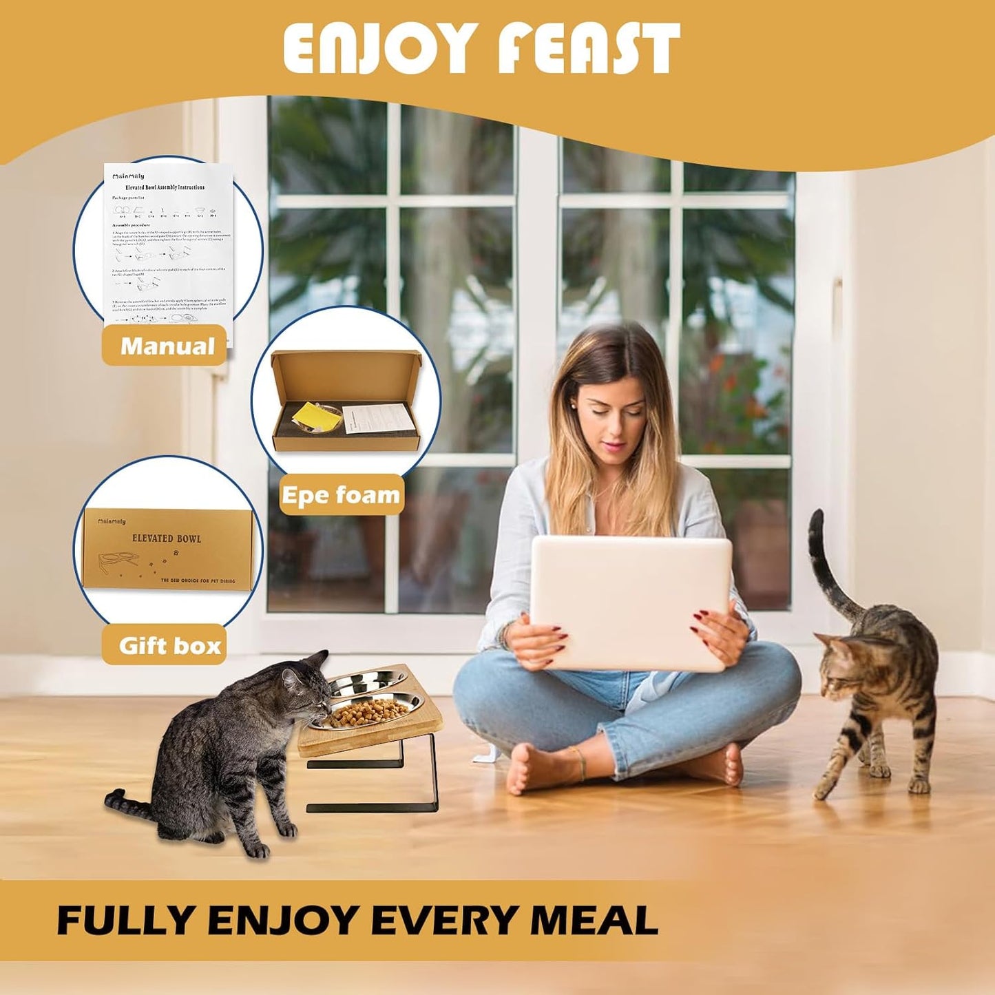 Elevated Cat Bowls with Slow Feeder, Anti-Vomiting 10° Tilted, Raised Cat Bowl Stand for Cats & Puppies(4.5" Tall)