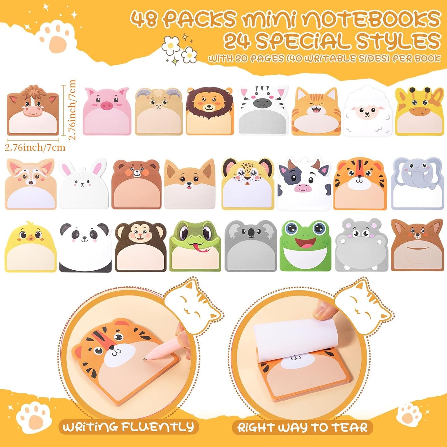 Maxdot 48 Pads 1440 Sheets Cute Sticky Notes, Fun Animal Sticky Notes Pad Self Adhesive Cartoon Jungle Farm Animal Memo Pads Bulk for Gift School Tab Office Home Supplies