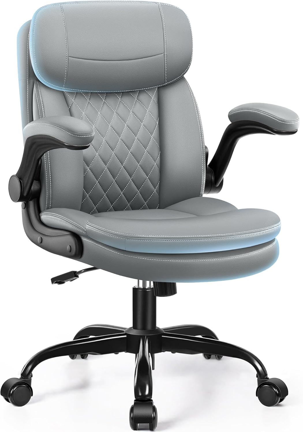 Leather Office Chair, Upgraded PU Computer Desk Chairs with Double-Layer Seat Cushion and Neckrest, 360°Swivel, Ergonomic Small Gaming Chair with Wheels and Adjustable Armrests for Short People, Grey
