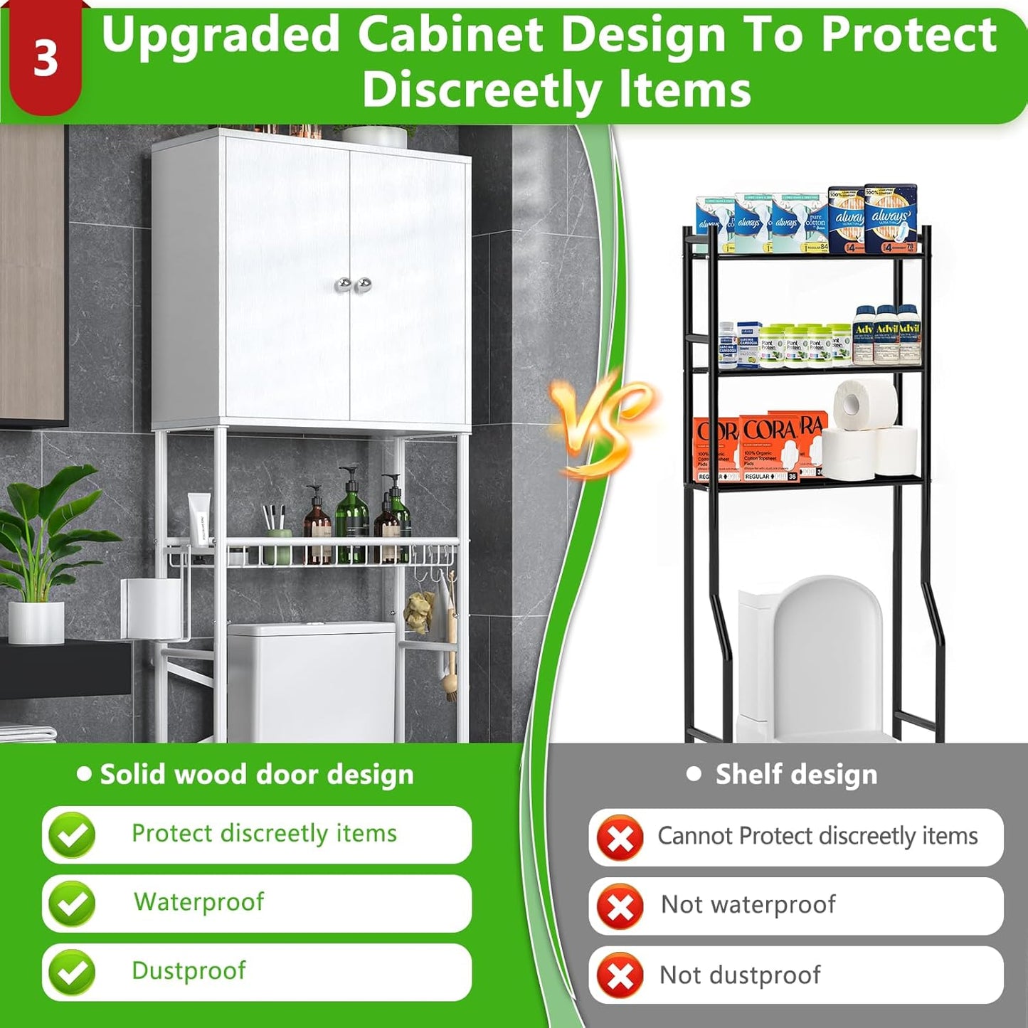 Over The Toilet Storage Cabinet - 2-Door Design Bathroom Organizers Shelf, Freestanding Space-Saver Above Toilet Storage Cabinet with Privacy Protection Rack, Water-Resistant Toilet Shelves (White)