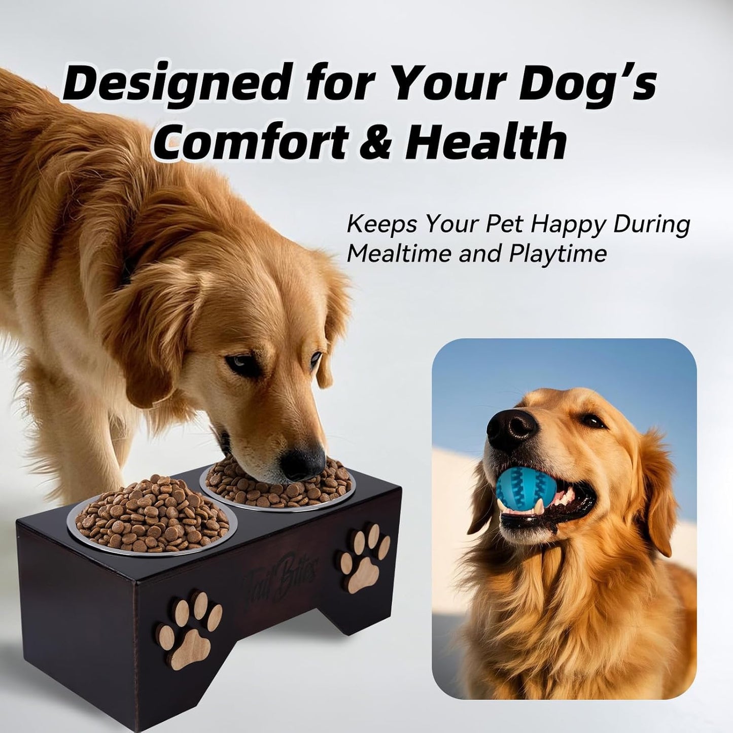 Raised Dog Bowls for Medium & Large Dogs – Wooden Elevated Dog Feeder Stand with 2 Stainless Steel Bowls + Bonus Chew Treat (14” x 7” x 6”)