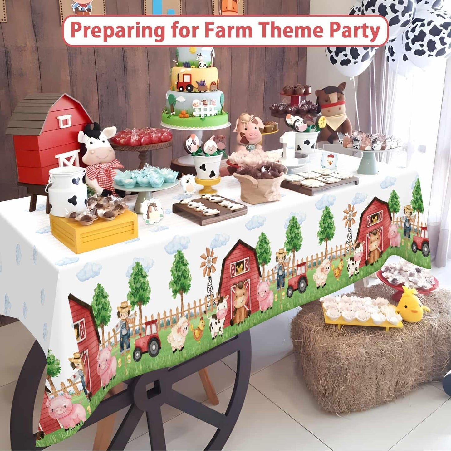 3 Pieces Farm Animal Birthday Party Supplies Tablecloth, Large Size 54 x 108 Inch Rectangular Plastic Table Cover, Barnyard Birthday Party Supplies Decorations for Baby Shower Boys Girls
