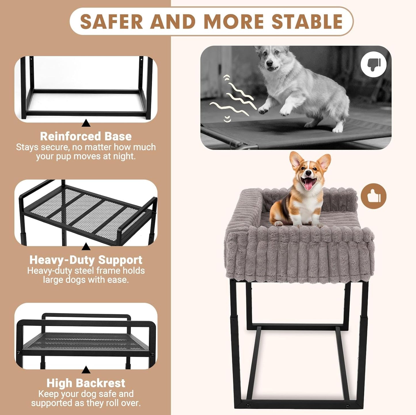 Beside Dog Bed,Adjustable Height Dog Bunk Beds,27.5''x 18''Metal Dogs Bed Frame with Washable Removable Corduroy Cover,Memory Foam Pet Bed with Sides,Medium