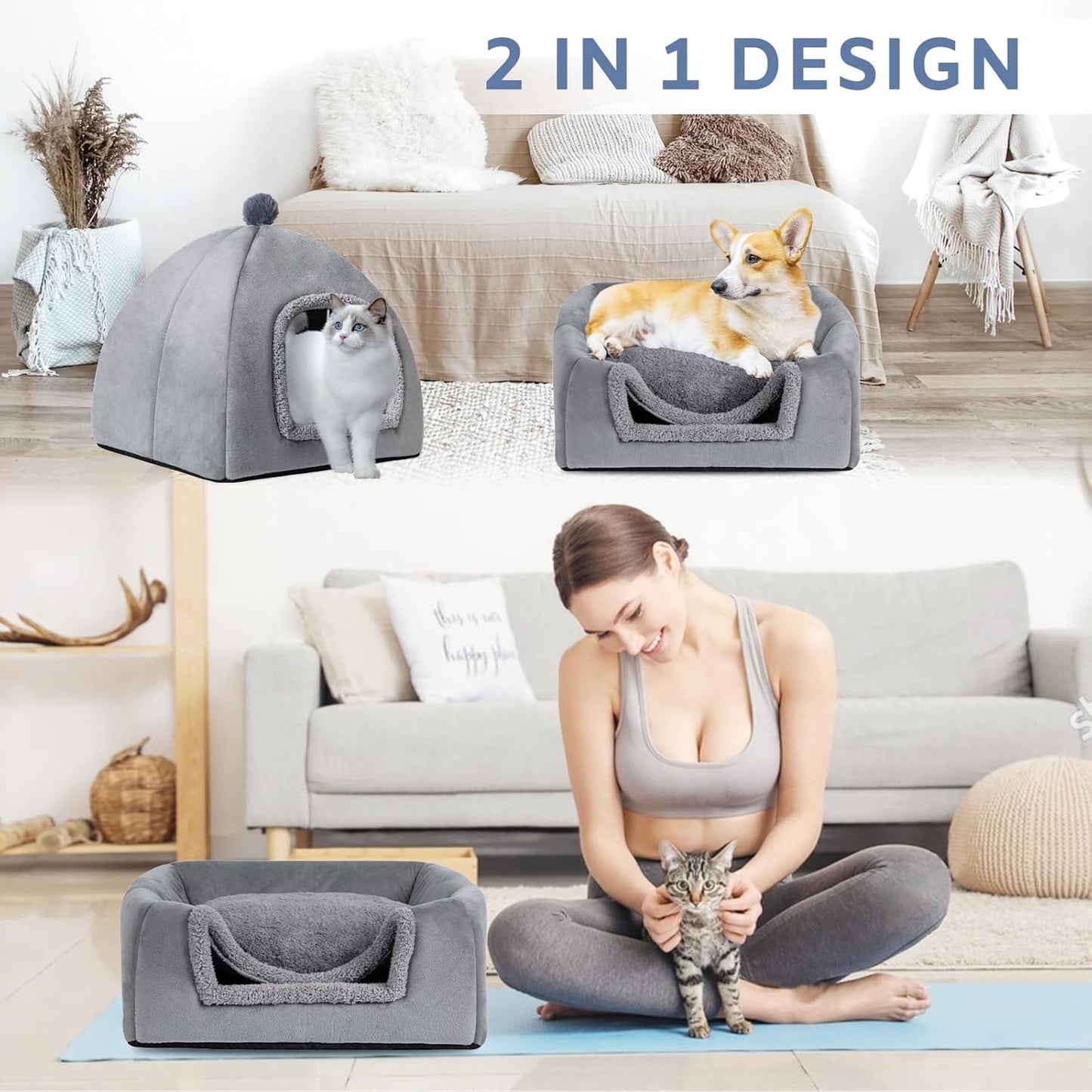 Cat Bed Cave for Indoor, Suitable for Cat Dome Bed, Hideaway Bed for Indoor Cats with Removable Mattress for Kittens. Cat Tent House for Dual Use (M:15"x15")