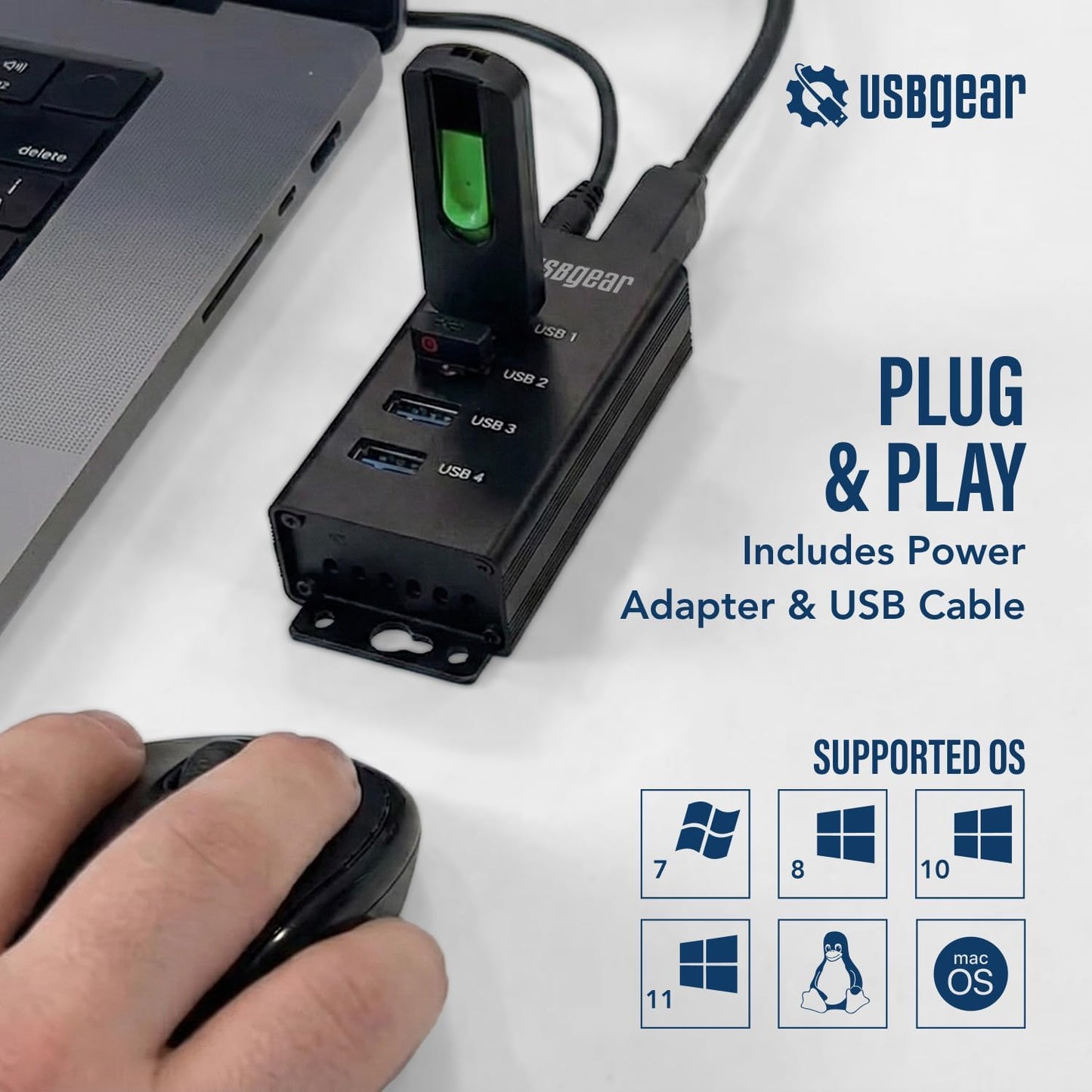 USBGear 4 Port USB Hub 3.2 Gen 1 – Mountable SuperSpeed Data Hub with USB Ports for Laptop, PC, Desktop, and More, 5V/2A Power Adapter with Type-A to Type-B Cable (3ft), Computer Accessories