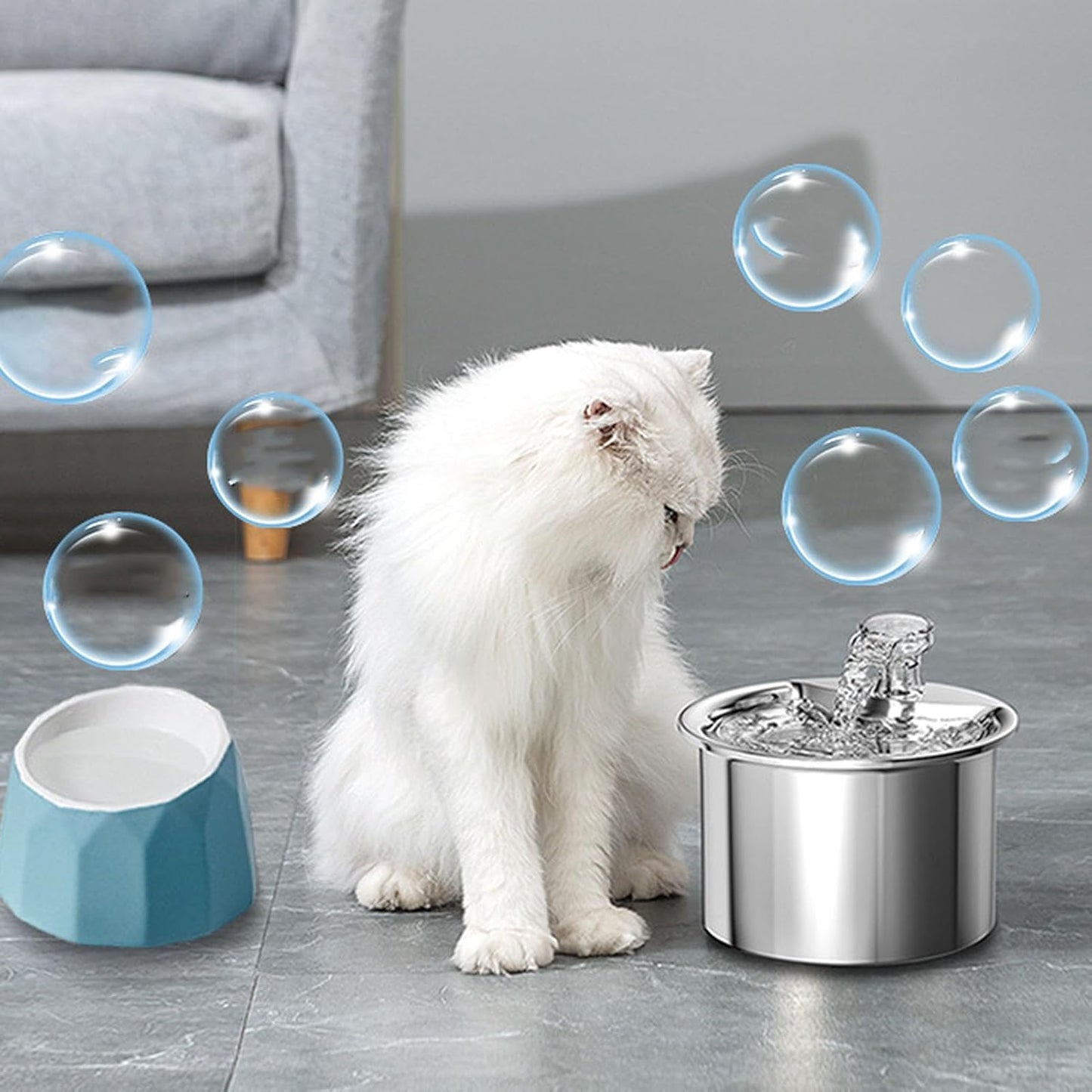 Luqeeg 2L Automatic Cat Water Fountain 304 Stainless Steel Water Fountain Pets Low Noise Pump Feeder with a Comprehensive Filtration Structure & Continuous for Cat or Dog (US Plug)