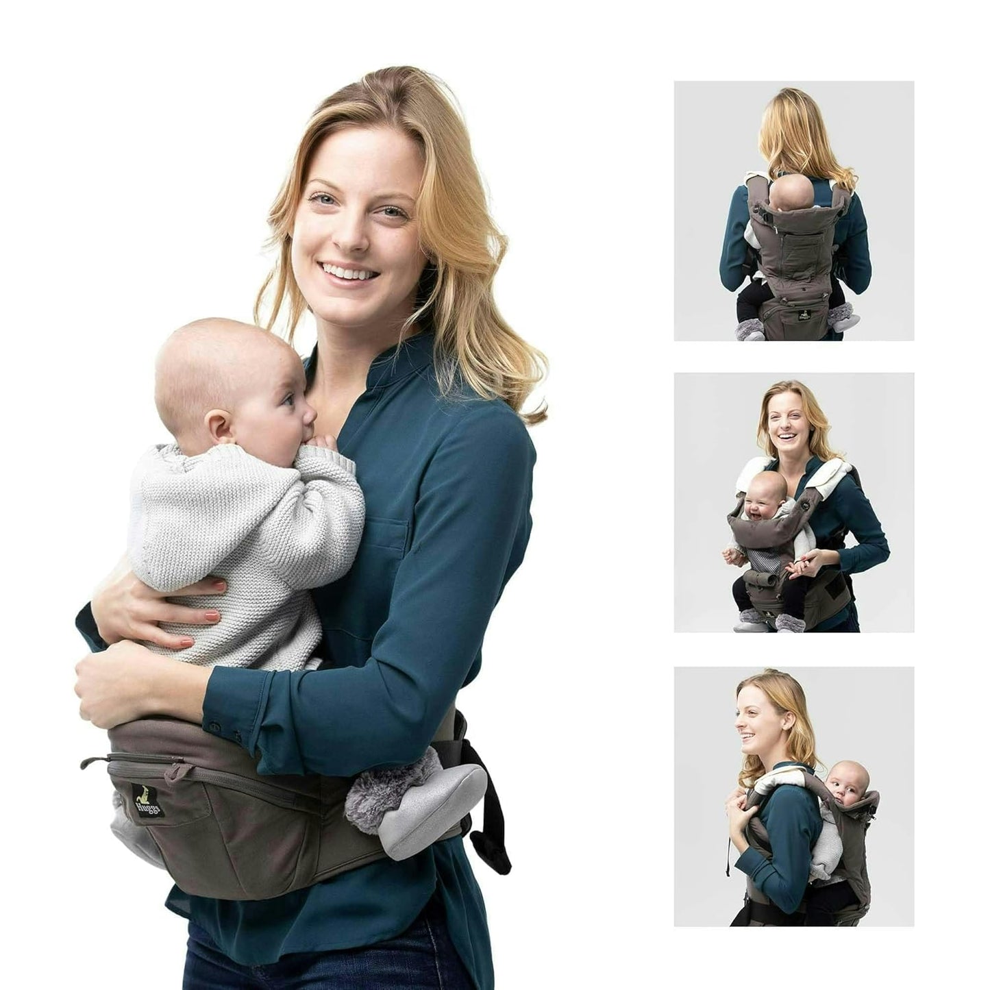 Abiie HUGGS Baby Carrier 3-Months to Toddler with Hip Carrier - Convertible 4-in-1: Front Facing, Inward Facing, Hip Seat, Back Carry - Ergonomic Lumbar Support, Neck Support, Safety Approved