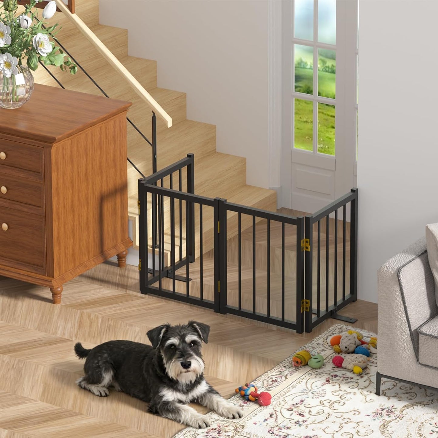 16" Freestanding Short Dog Gate for Small Dogs – Foldable & Retractable, Expands Up to 48" Wide, 4-Panel Pet Barrier for Doorways, Stairs & Hallways (Black)