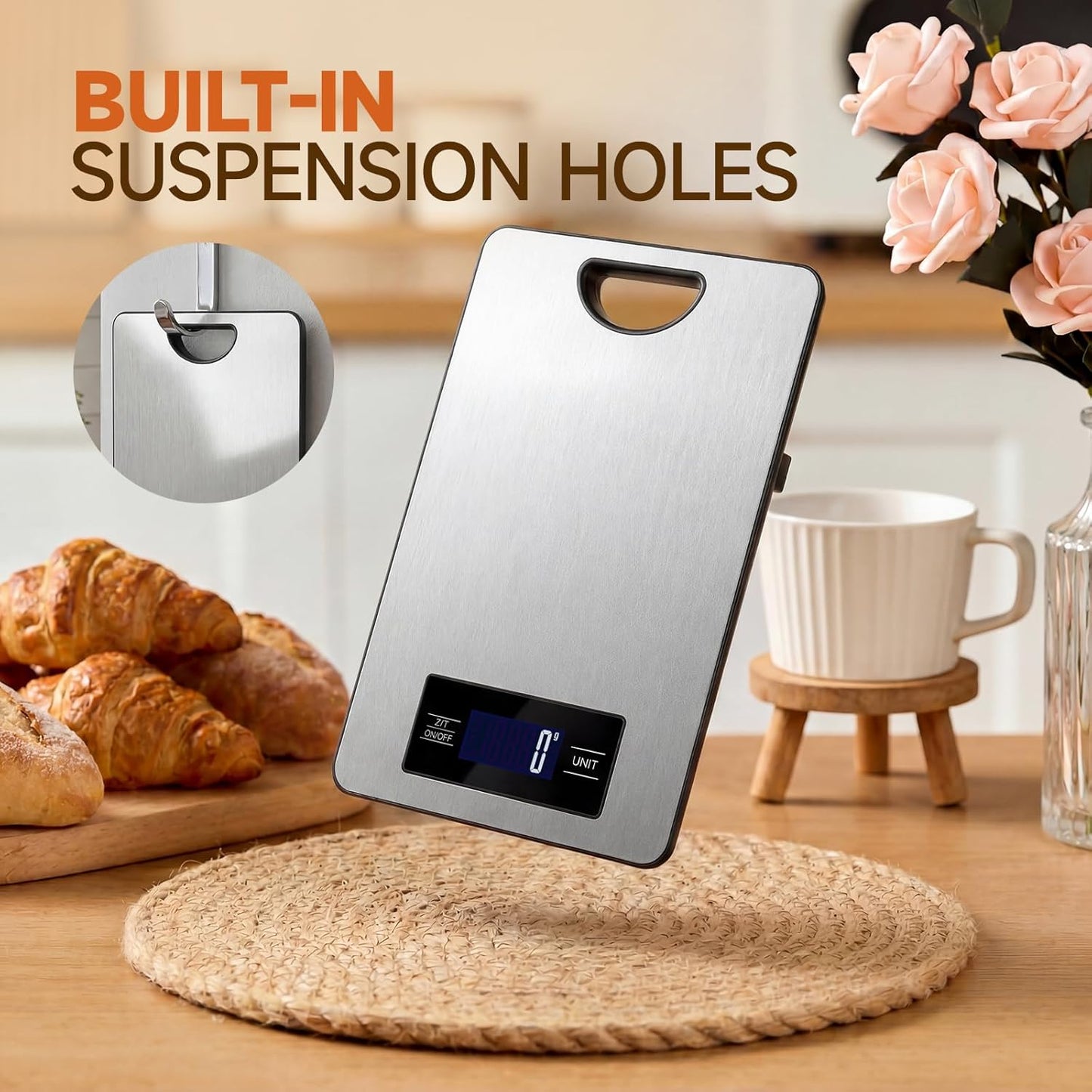 Digital Kitchen Scale & Food Weight Scale with Hang Loop, 11lb Baking Scale for Home and Kitchen, Precise Scales with Grams and Ounces, Stainless Steel (Silver)