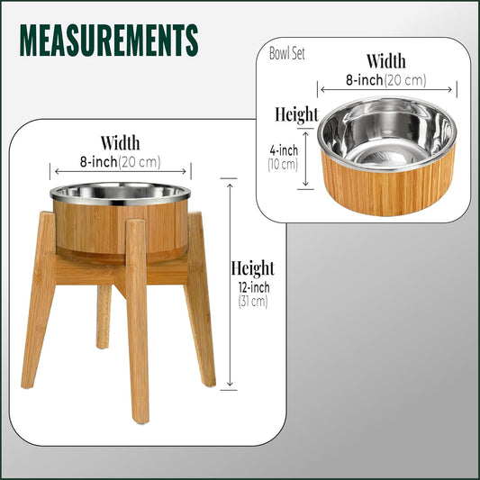 Elevated Dog Bowl for Mid-Large Breed, (12-Inch High) - Raised Food and Water Bowl with Stand, Flip-Resistant - Real Bamboo and Stainless Steel