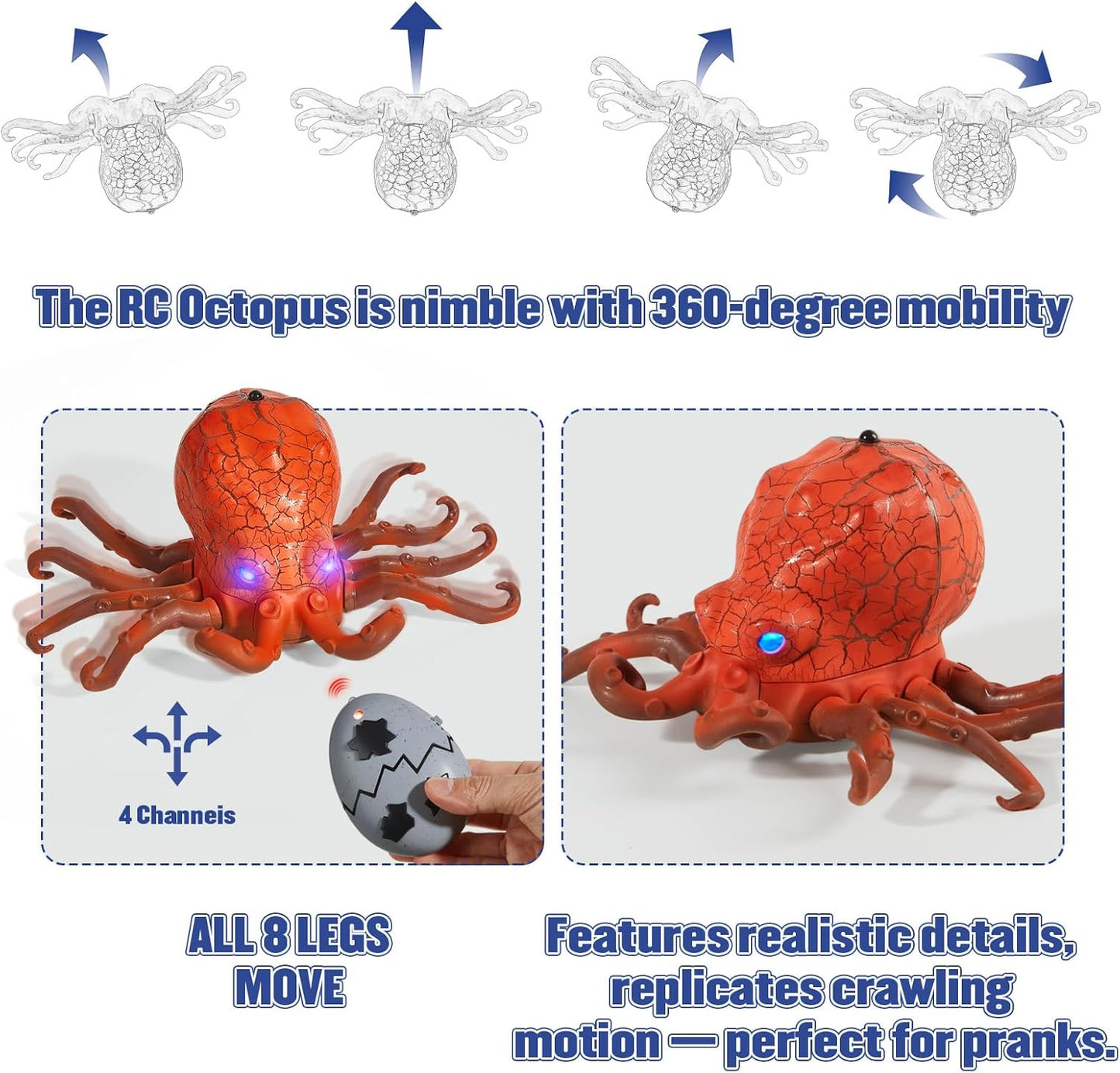 Remote Control Animals Crawling RC Octopus Toy with Blue LED Eyes & Realistic Movement Crawling, Cool Gag Gifts or Birthday Gift for Boys Girls Ages 6+