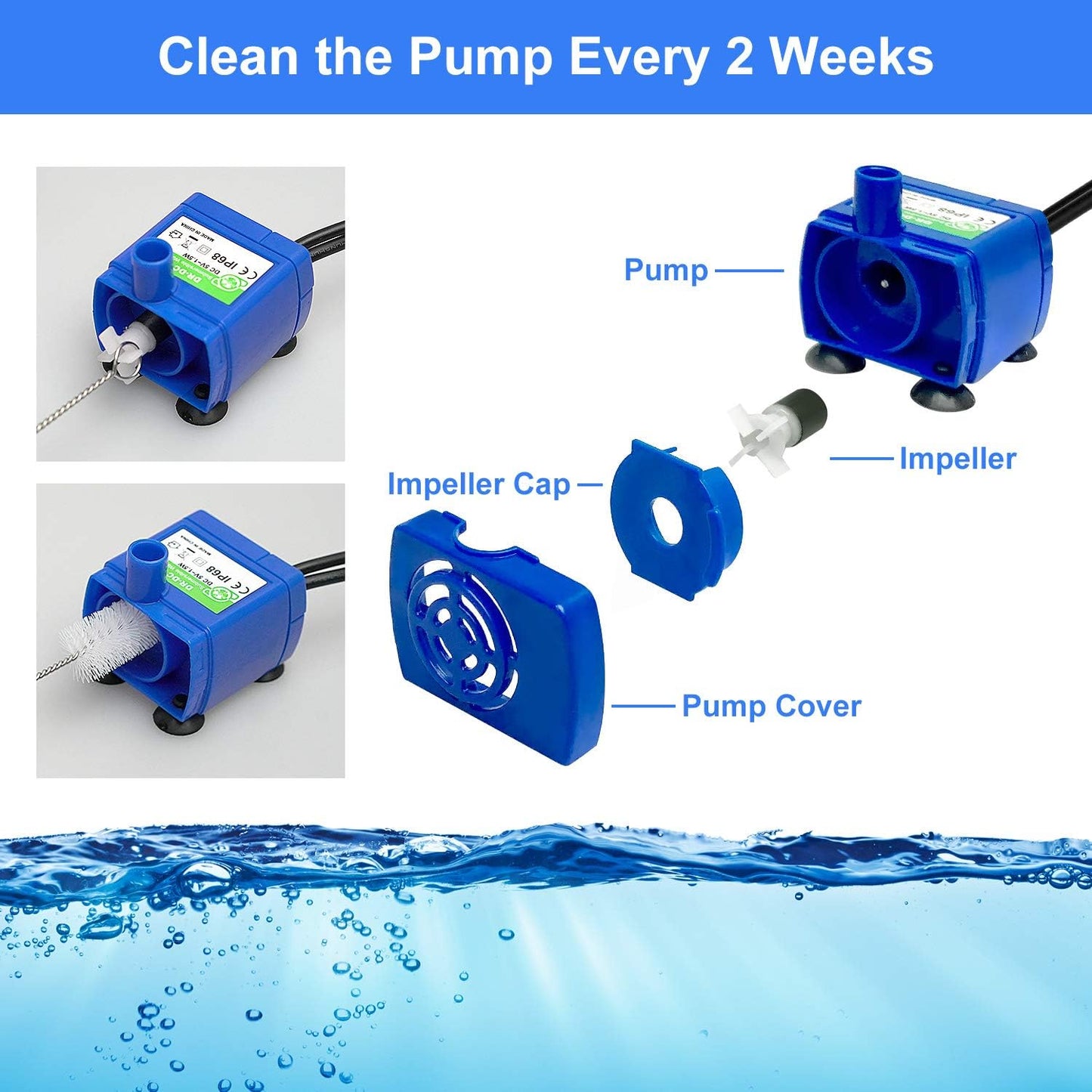 Submersible Water Pump for Pet Fountain, DR-DC160 Pet Fountain Pump Motor Powerful Replacement Pet Water Dispenser 5.9ft Power Cable for Most Flower Fountain, USB Plug
