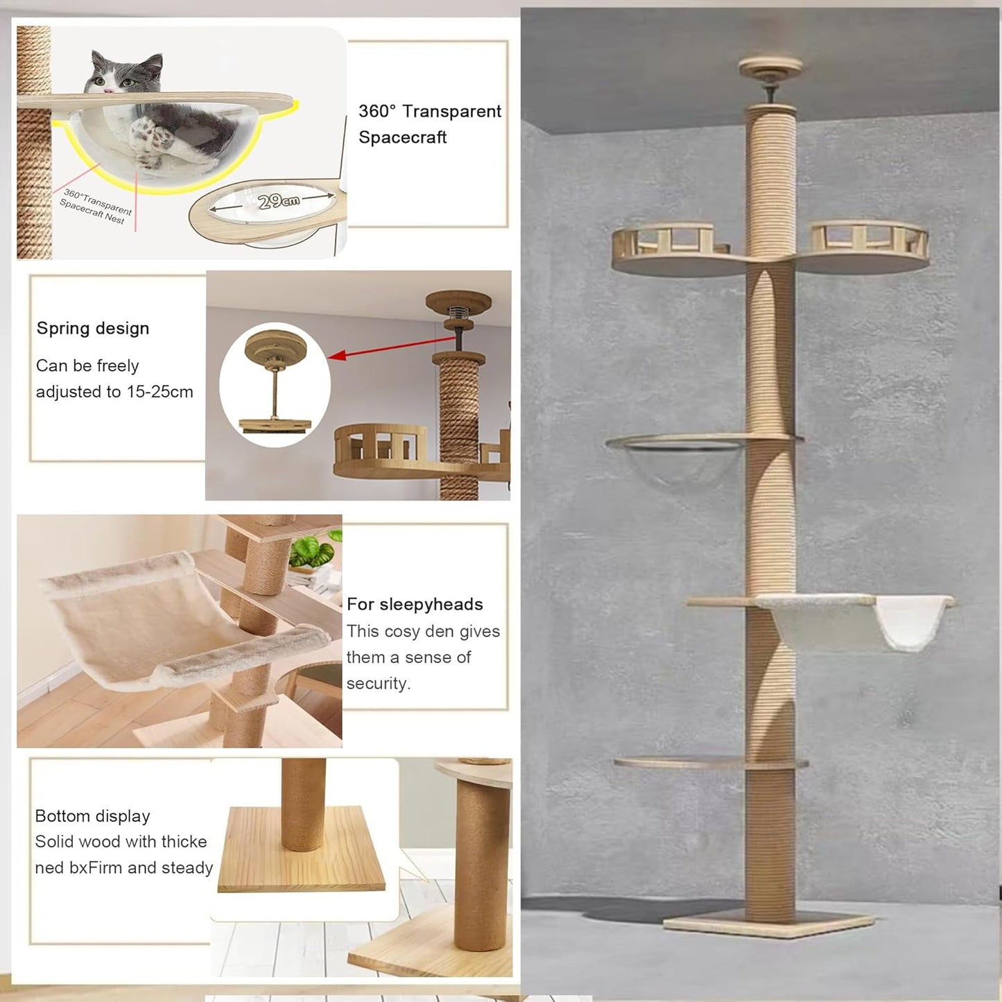 Floor to Ceiling cat Tree - Adjustable Height (95-98in,104.3-108.2in)- with Width 4.33 in Scratching Post,Cat Hammock,Fully Wrapped with sisal Rope - Heavy Duty cat Tree.(Holds 110 lbs)