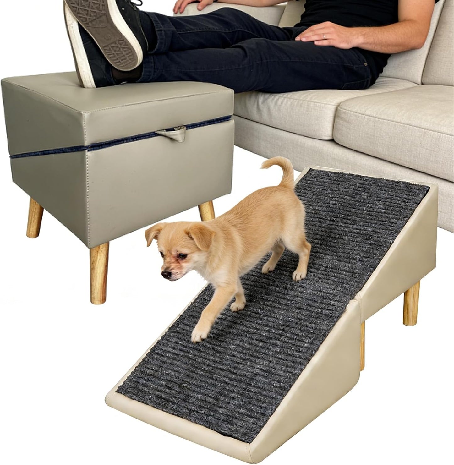 Split Ottoman Dog Ramp for Couch & Bed, 2-in-1 Foldable Dog Stairs with Non-Slip Surface, Solid Wood Pet Ramp for Small & Senior Dogs, Gentle 23° Incline, Modern Furniture Style