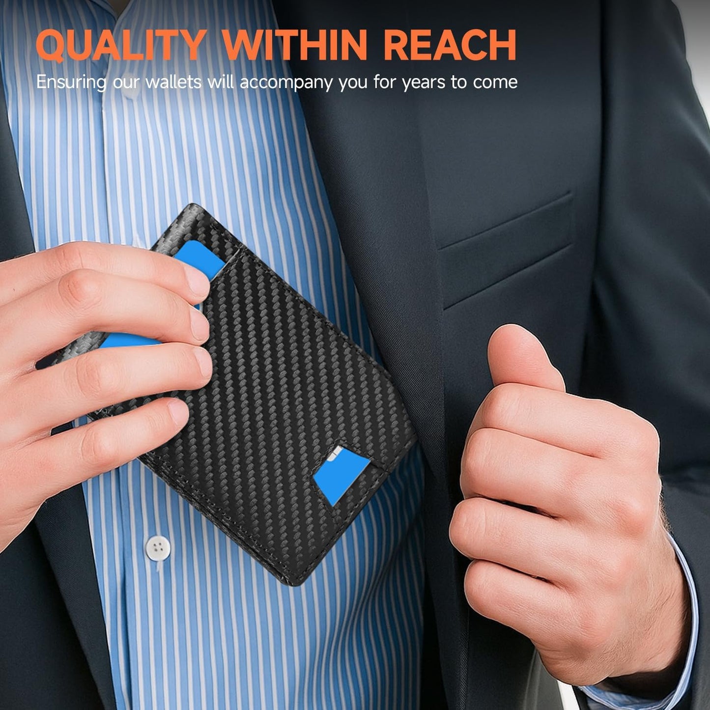 Man Slim Wallet Leather Money Clip RFID Blocking Front Pocket Minimalist Bifold Wallet Thin Credit Card Holder Carbon Black&Blue