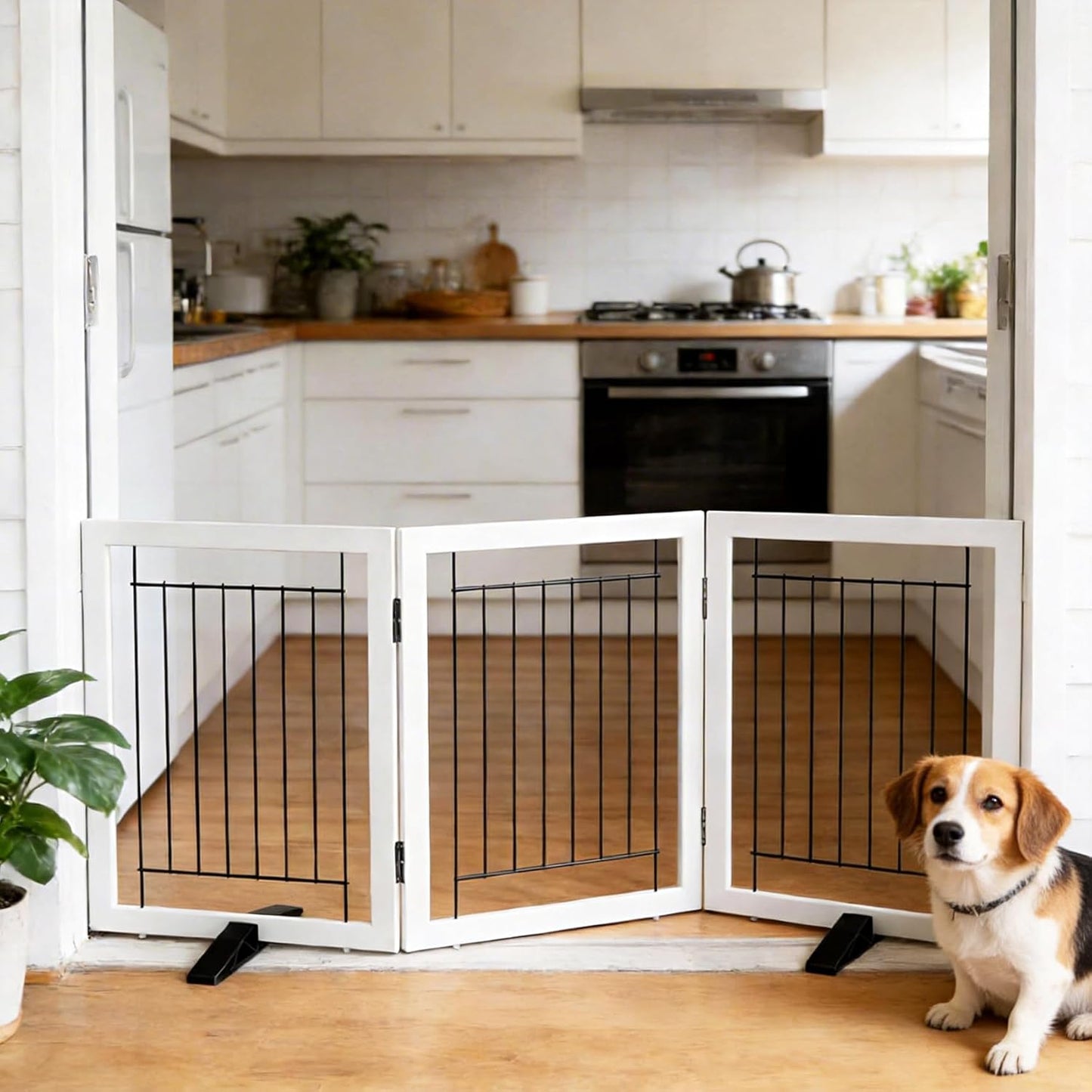 ZJSF Freestanding Dog Gate Indoor, Foldable Dog Fence for Doorways,Hallways or Stairs, Sturdy Wood Extra Wide Pet Gate with Support Feet,White,24 "Height-3 Panels