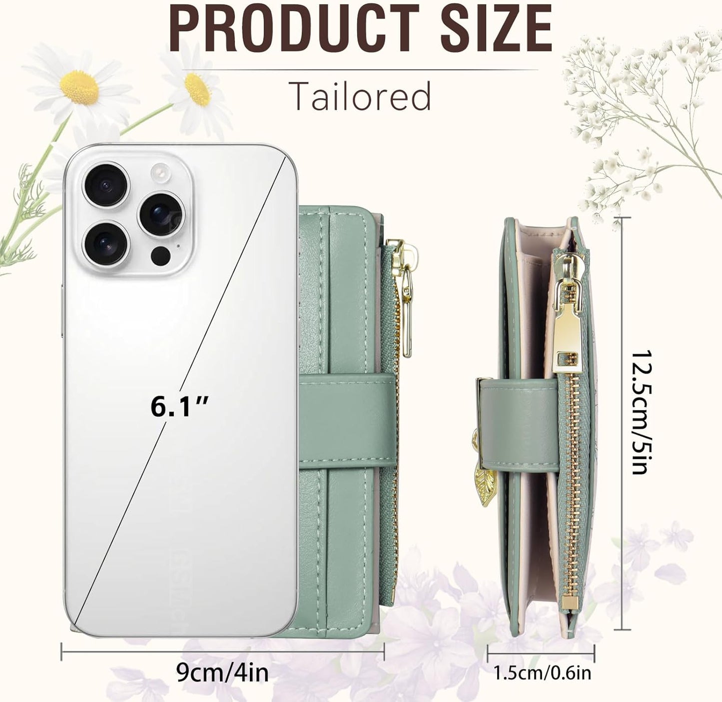 Avando Wallets for Women- RFID Blocking- Soft PU Leather Bifold Coin Zipper Pocket Purse-Small flower wallet Credit Card Holder with ID Window (Green)