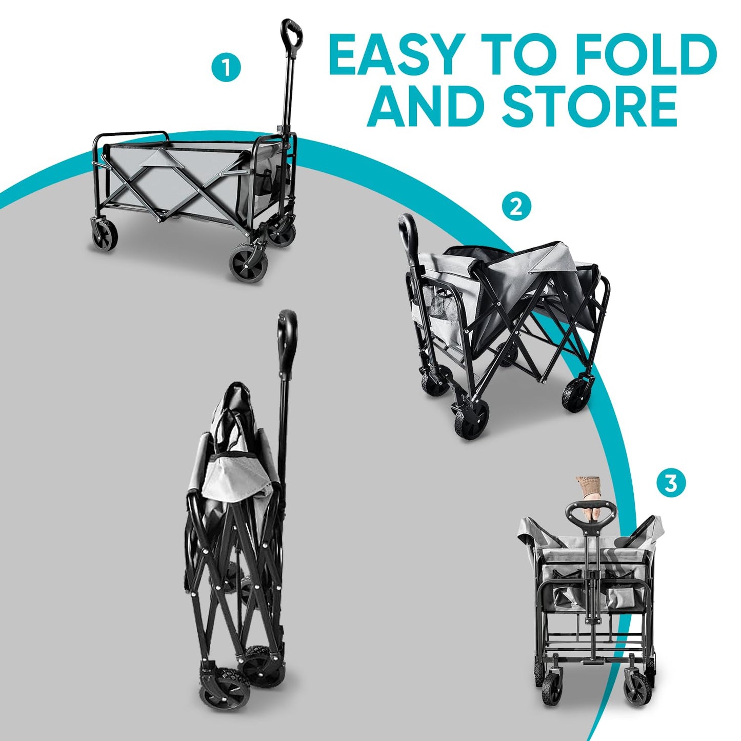 Collapsible Foldable Wagon, Beach Cart Large Capacity, Heavy Duty Folding Wagon Portable, for Outdoor Sports, Shopping, Camping, Gray