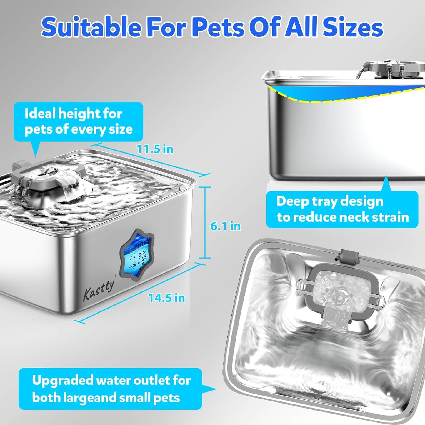 Kastty Large Dog Water Fountain, 15L/4Gal Stainless Steel Pet Water Bowl Dispenser with 5-Stage Filtration, AUTO Dual-Color LED, Visual Window, Ultra Quiet, for Large Medium Dogs & Multi-pet, FS81