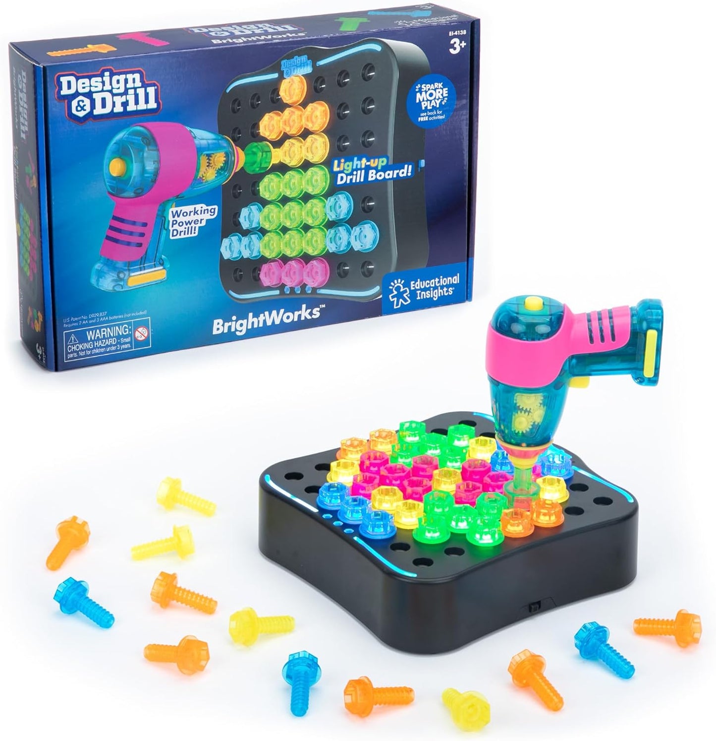 Educational Insights Design & Drill Brightworks - Light-Up Toddler Tool Set with Real Working Electric Toy Drill, Take Apart STEM Toys for 3+ Year Old Kids, Toddler Construction Toys