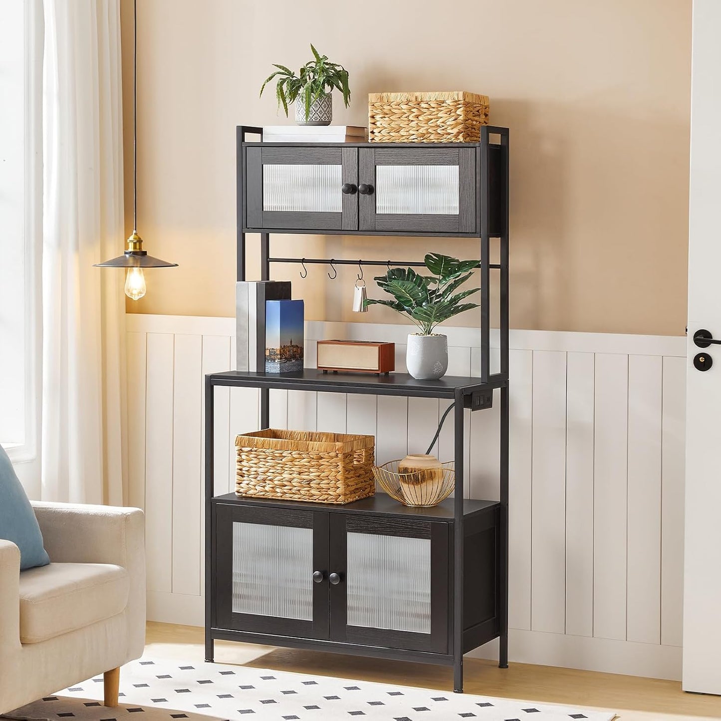 HOOBRO Bakers Rack with Storage Cabinet, 5-Tier Coffee Bar with Power Outlet and LED Lights, Industrial Microwave Oven Stand with Shelves, Kitchen Storage Shelf with Cabinet, Black BB13UDHB01