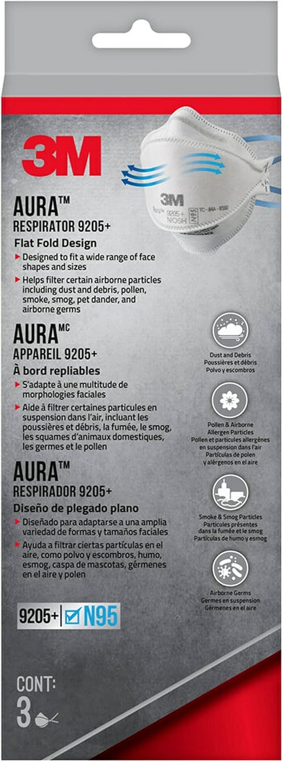 3M Aura Particulate Respirator 9205+ N95, Lightweight, 3 Panel Designed Helps Provide Comfortable and Convenient Respiratory Protection, 3-Pack