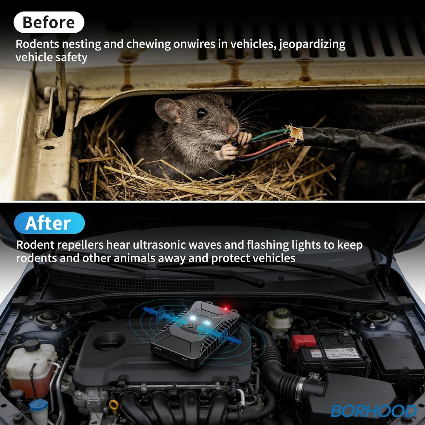 Ultrasonic Rodent Repellent, 2 Pack Plug-in Mouse Rat Pest Bat Squirrels Repellent for Car with Battery Powered Under Hood, Keep Mice Out of Cars Engines, Indoor, Garage, Storage Room-Black