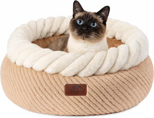 Hollypet Cat Bed for Indoor Cats Kitty Beds, Round Washable Fluffy Small Dog Bed, Soft Cozy Plush Pet Beds for Puppy and Kitten with Non-Slip Bottom (20" Diameter, Oatmeal)