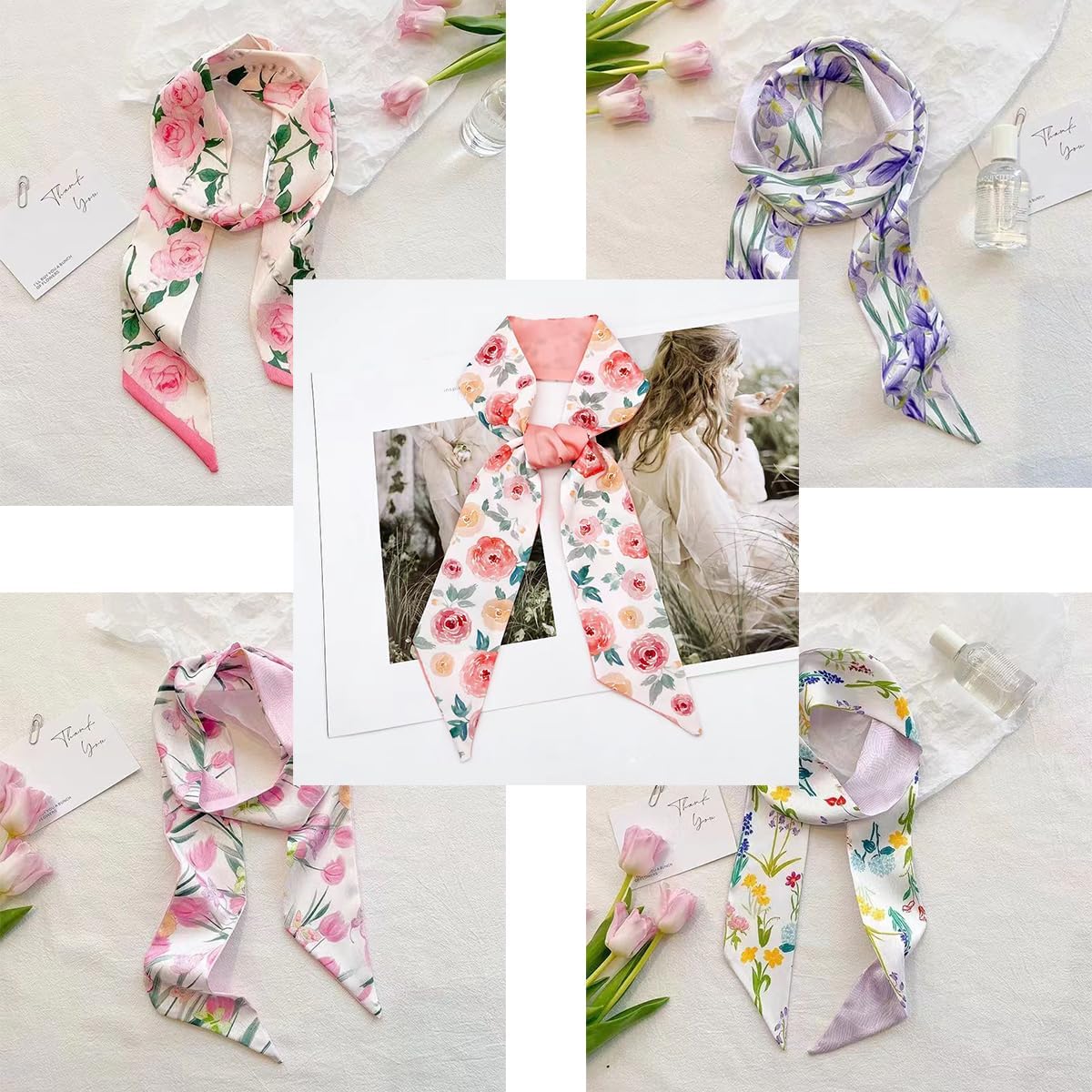 5 Pcs Flower Purse Scarf for Handbag, Women's Head Hair Scarves Satin Neck Scarves, for Spring Present Handbag Handle Accessory