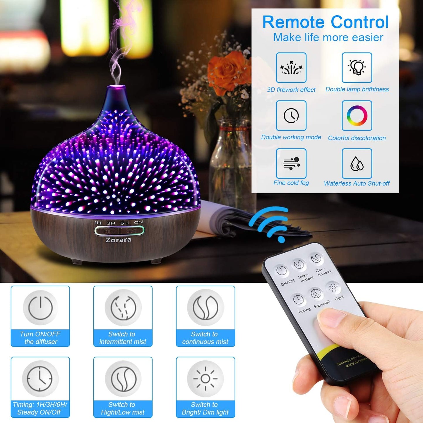 Essential Oil Diffuser 550ml Cool Mist Humidifier 3D Glass Ultrasonic Aromatherapy Humidifier with 7 Color Changing Led Lights, Waterless Auto Shut-Off, Adjustable Timer for Home Bedroom Office
