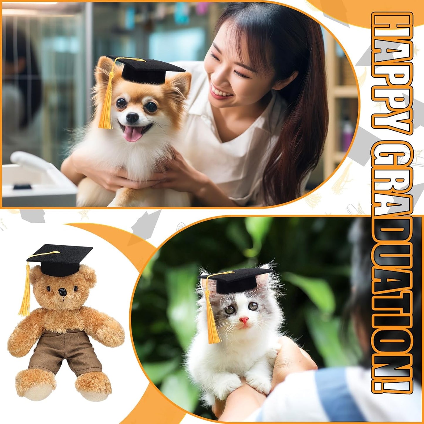 12 Pcs Mini Graduation Cap with Tassel Mini Plush Mason Jar Small Animal Bachelor Hat Photo Prop Party Supply