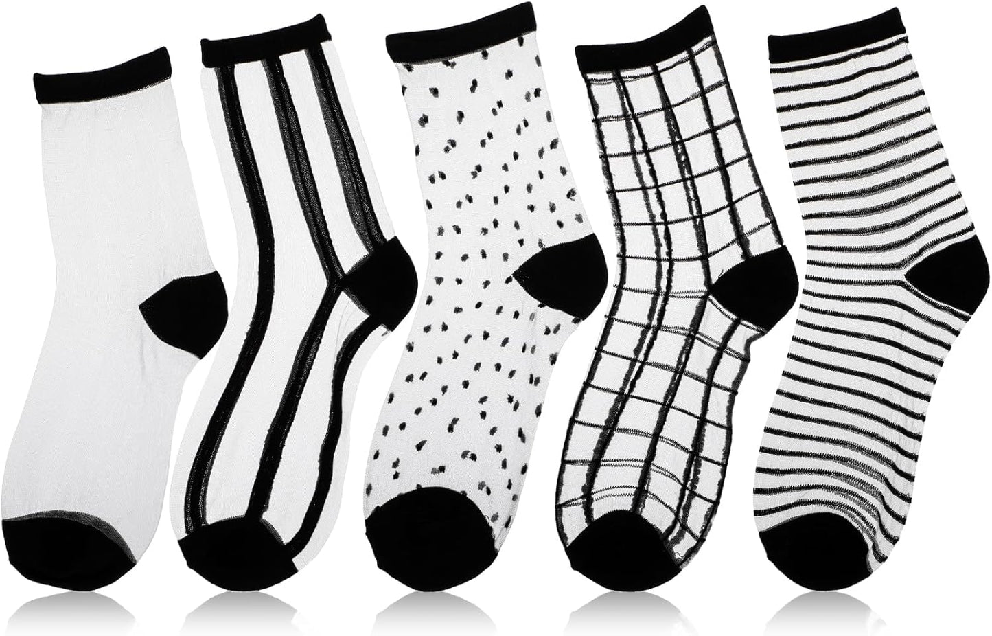 Lusofie 5 Pairs Sheer Black See-Through Socks - Checkered Dot Striped Plaid Ankle Summer Socks for Women - Thin Fashion