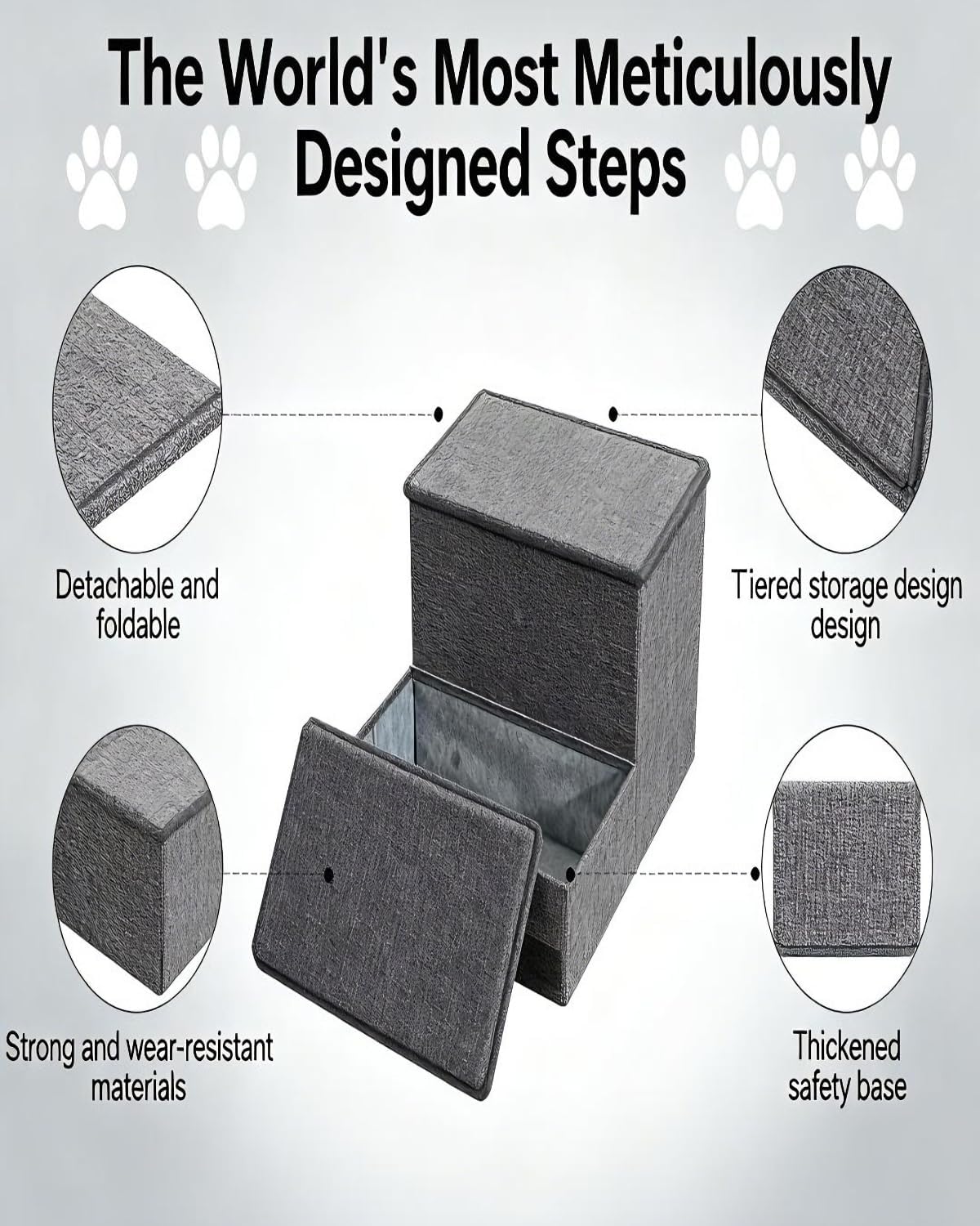 Dog Stairs with Storage, Detachable and Foldable Pet 2-Steps for Bed Couch, Stable Anti-Slip, Ramp for Small Dogs & Cats