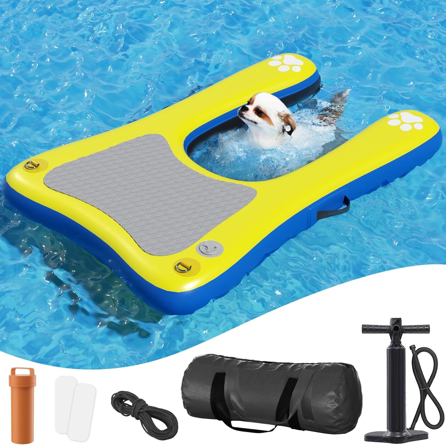 Inflatable Dog Pool Float Dock Platform for Dogs, Dog Pool Ramp Ladder with Non Slip Steps | Dog Floats Water Ramp for Boat, Inground Pool (for Small Dogs Up to 60 lbs)