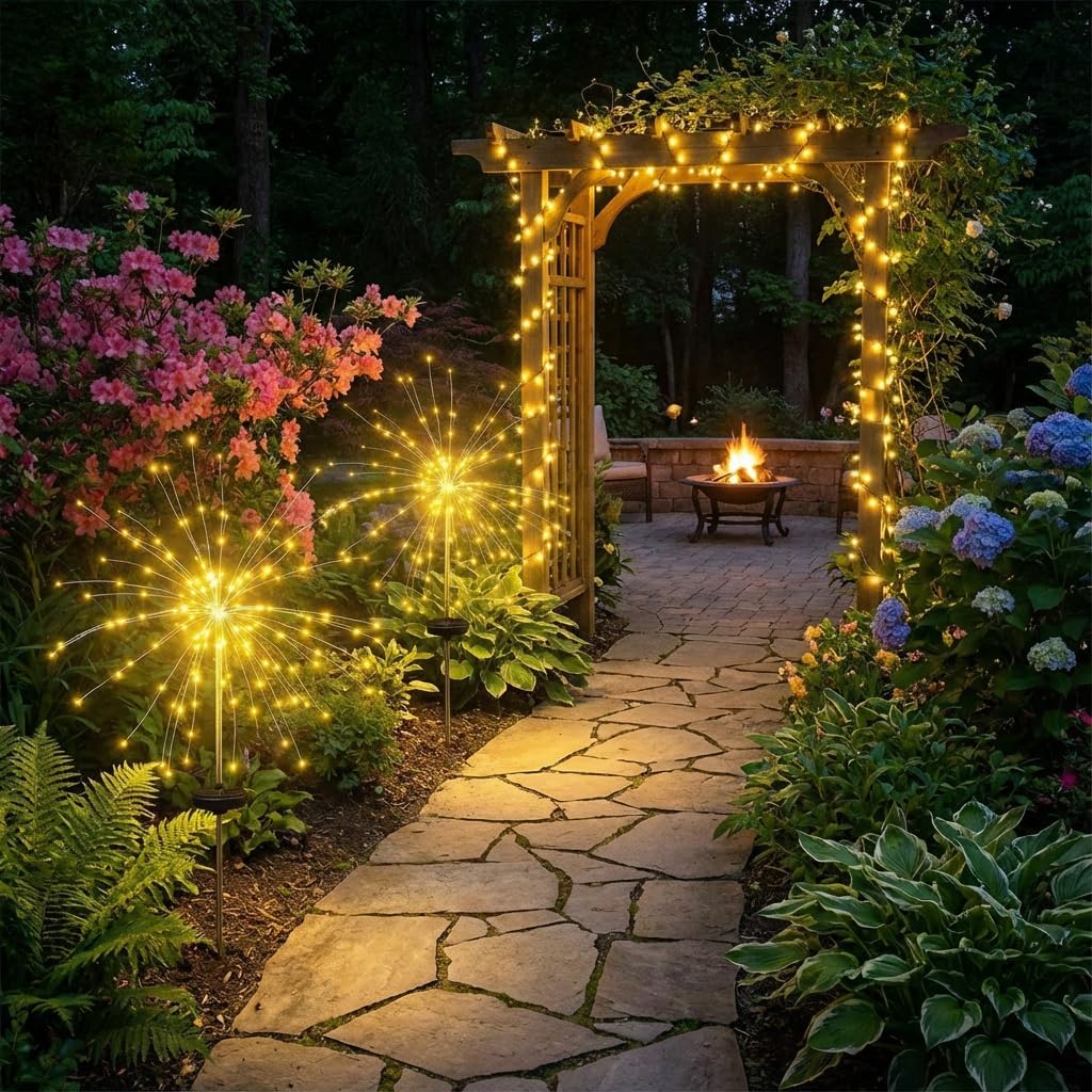 2 Pack Solar Firework Lights Outdoor - Verified 200 LED & 8 Modes - Starburst Solar Powered Garden Lights, Reinforced Durable Stakes, Waterproof Pathway Walkway Lights for Yard Patio Decor