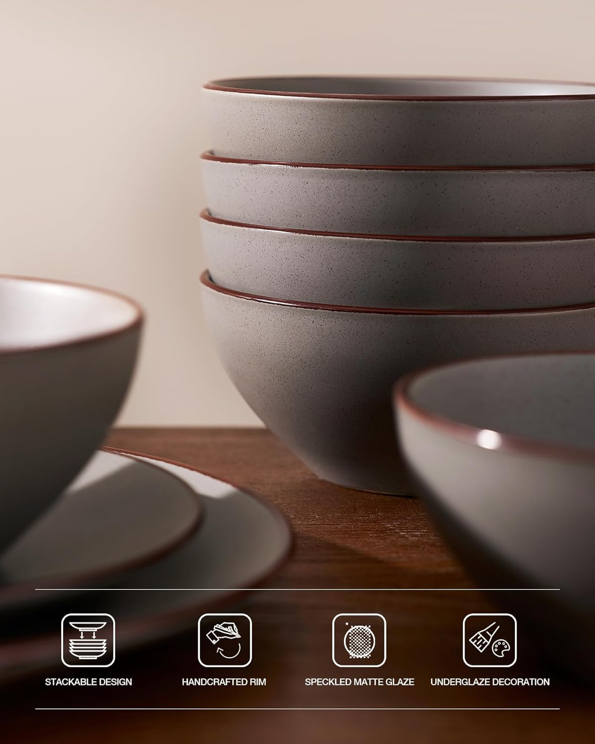 Famiware Venus Plates and Bowls Sets, 12 Pieces Stoneware Speckled Dinnerware Dishes Set for 4, Matte Dark Gray - Microwave & Dishwasher Safe, Modern Minimalist, for Everyday Meals & Formal Dining