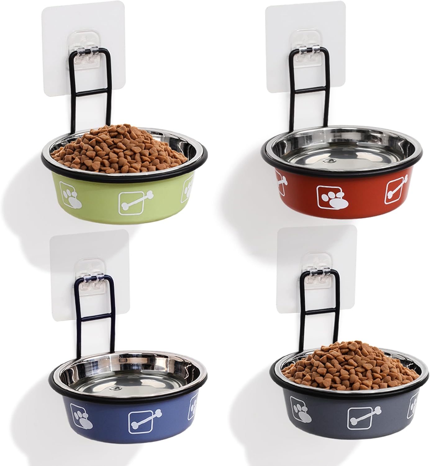4PCS Multi-Color Raised Pet Bowls, Wall Mounted Elevated Food and Water Bowls, Stainless Steel Hanging Pet Feeding Bowls with Stand, Nonslip