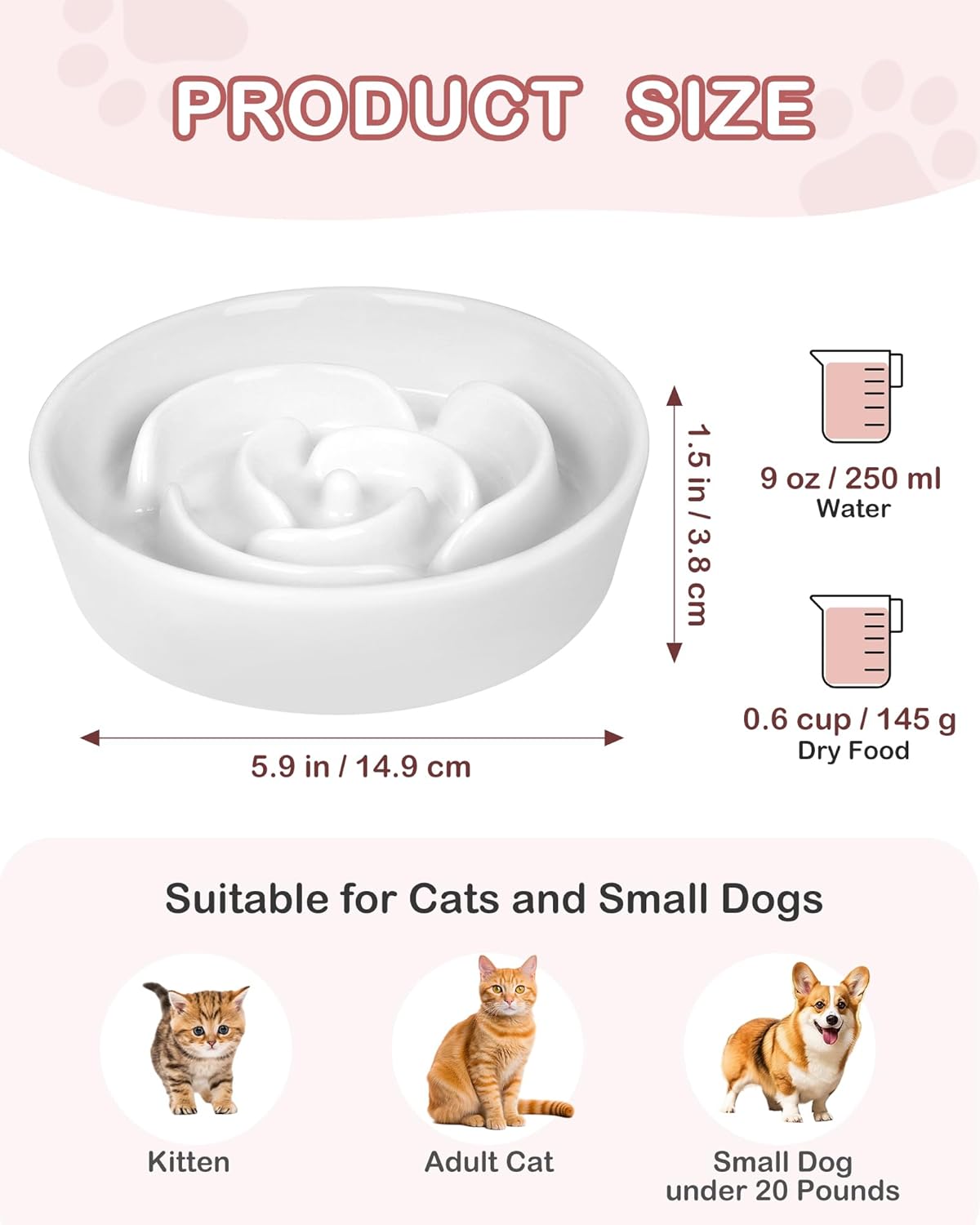 TRUVIC Ceramic Slow Feeder Dog Bowls Small Breed, 0.6 Cup Slow Feeder Cat Bowls for Fast Eaters, Ceramic Dog Food Dish no Black Chin, Puzzle Bowl for Small Dogs and Cats, White