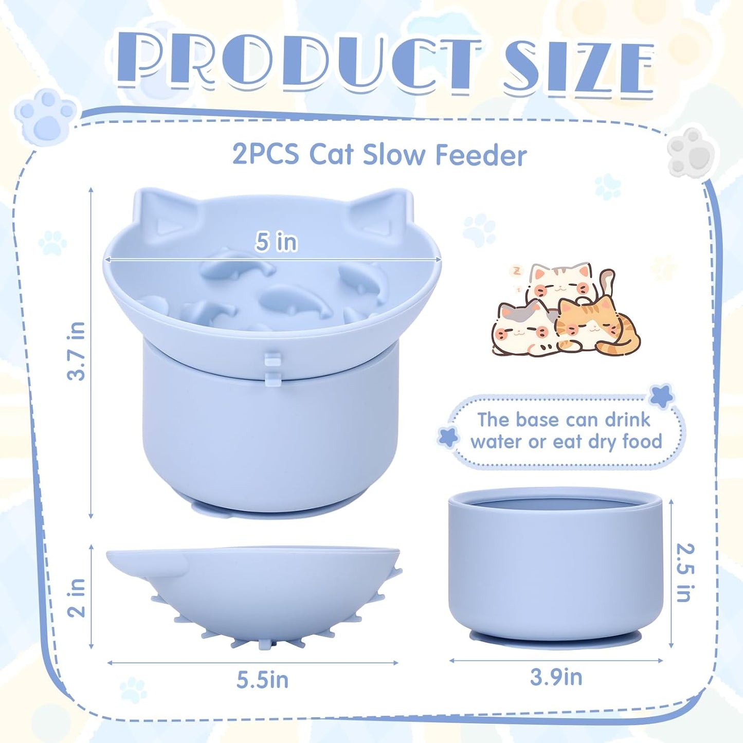 2 Pack Silicone Cat Slow Feeder, Elevated Slow Feeder Cat Bowl for Dry and Wet Food, Tilted Design with Non Slip Base, Adjustable Angle for Pet(Green and Blue)