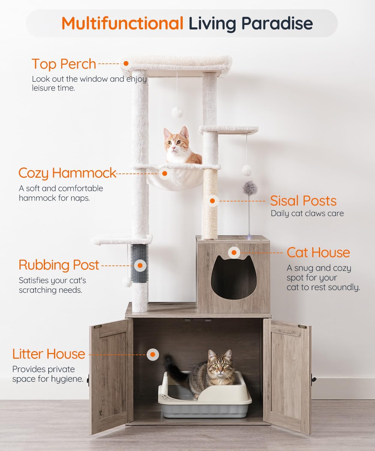 HOOBRO Cat Tree with Litter Box Enclosure, Tall Cat Tower for Indoor Cats, All-in-One Modern Cat Condo, Hidden Litter Box Enclosure Furniture, with Cat House, Sisal Posts, Greige and White BG51MZ03