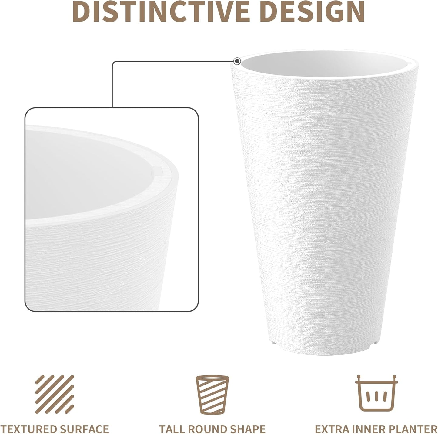 Kante Tall Round Planter Set of 2, 13 Inch Tall Decorative Planter Pots for Outdoor Indoor Garden Patio Front Porch (White)