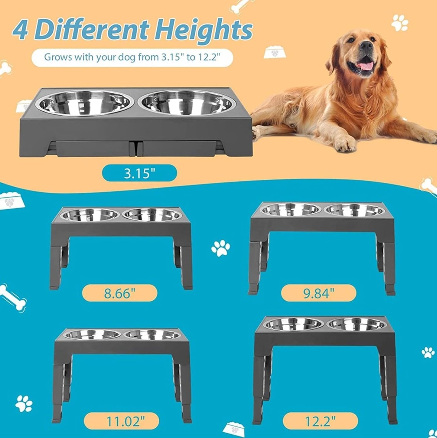 Dog Raised Bowls – Elevated Slow Feeder Dog Bowl with Adjustable Stand, 15° Tilted Ergonomic Floating Slow Feeding Bowl, Reduces Choking & Improves Digestion for Medium & Large Dogs (Grey)