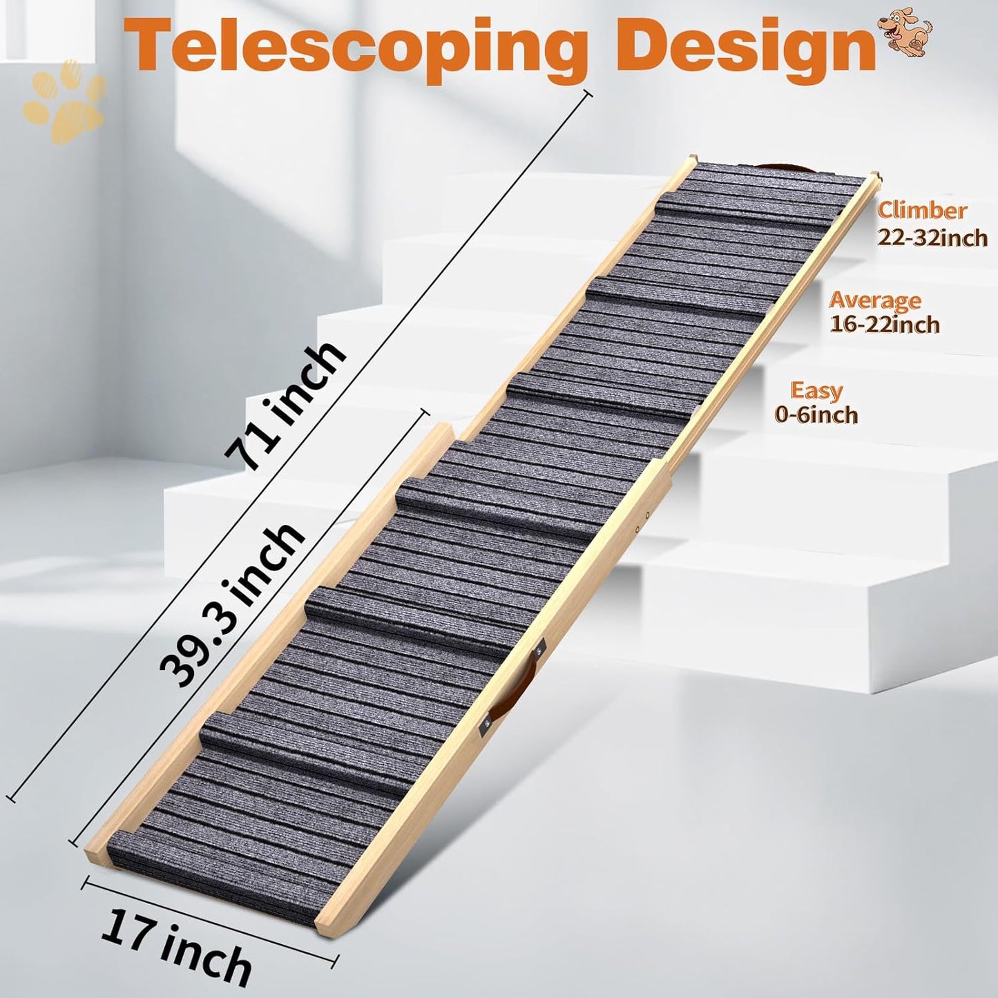 Dog Ramp for Car, 71''x 17'' Extra Long Deluxe Telescoping Design Wooden Pet Ramp, Pet Stair Ramps for Truck SUV with Non-Slip Surface, Portable Outdoor Dog Steps for Medium Large Dogs, Up to 200LBS