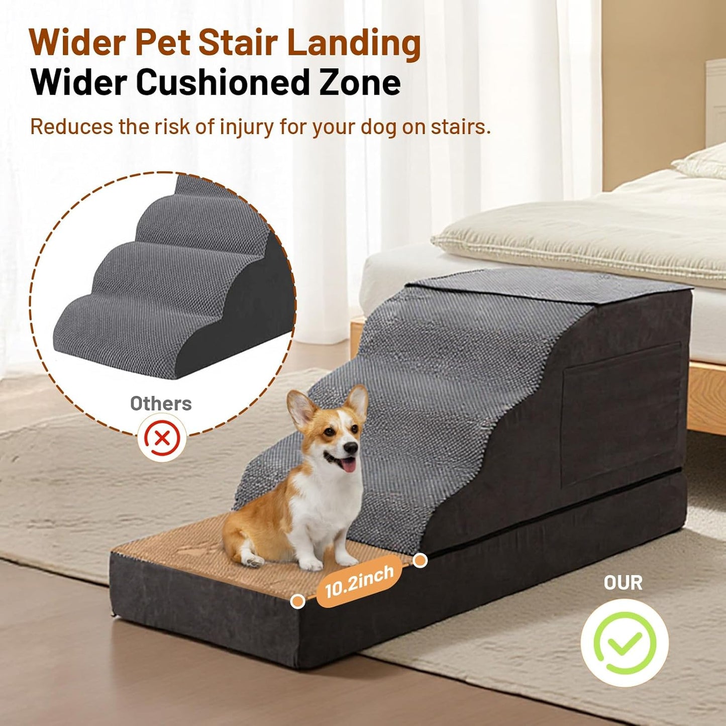 Large Dog Stairs – Extra Large Dog Steps for Bed, Couch & Car, 6-Step Pet Steps for Puppies & Senior Dogs, Pet Stairs with Washable Cover, Side Pockets, Non-Slip Bottom, 43.3" L x 19.7" W Grey