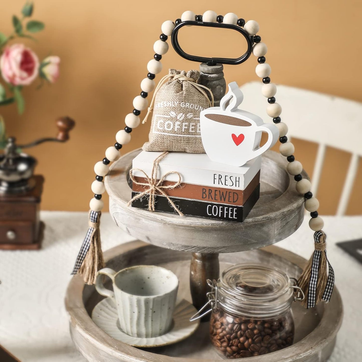 Coffee Bars Decor, 6 PCS Coffee Bar Decorations,Mini Wooden Book Stacks with Bead Garland, Coffees Bar Accessories for Tiered Tray,Table,Shelf,Rustic Farmhouse Home Decor