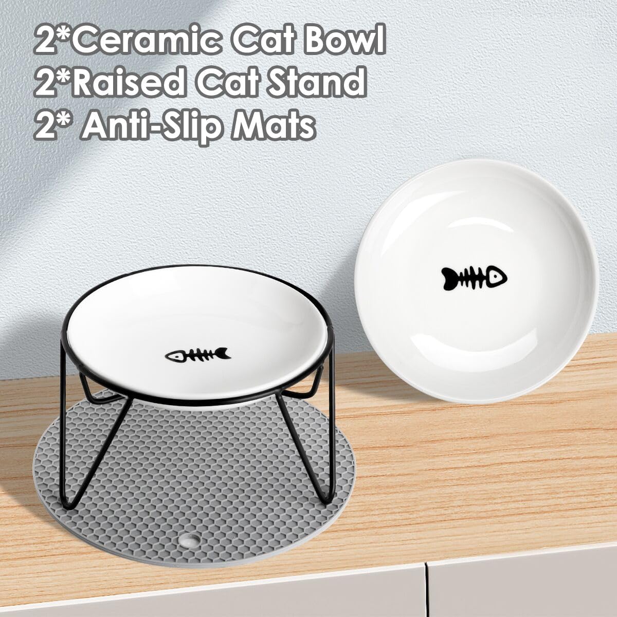 2 Pcs Elevated cat Bowls,Raised Ceramic Cat Dish with Metal Stand,Whisker Friendly,Non-Slip Mat,Pet Feeding Food Bowls Stand,Kitten Plate(2 Fish)