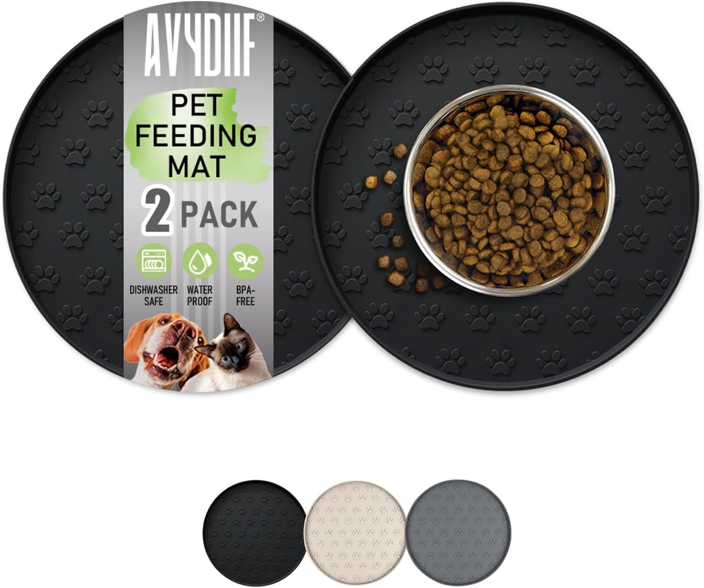 Pet Feeding Mats for Food and Water, Waterproof Anti-Slip Placemats for Dog Cat Bowl, 2 Pack Silicone Pet Food Mat, Dishwasher Safe 10.9 × 10.9 (2 Black, Small Paws)